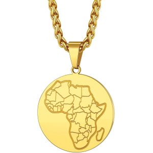 KAL-Collier Afrique Personnalisable,Pendentif Carte D`Afrique Avec Pays/Elephant/Lion Plaqué Or/Noir/Acier Inoxydable + Chaîne 55+5Cm,Bijoux Africain Fantaisie Cadeau Original Pour Femme Homme - Neuf