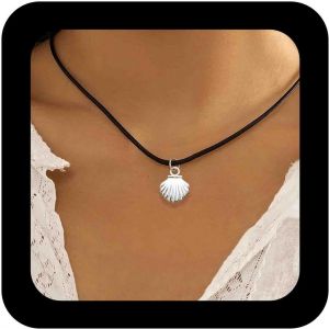 Kal-Collier Tour De Cou En Cuir Noir Boho Collier Pendentif Conque Argenté Collier Conque Feston Collier Étoile De Mer Collier Coquillage De Plage Bijoux Pour Femmes - Neuf
