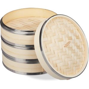 Subzonal-Cuiseur Vapeur Bambou, 3 Niveaux, Anneaux En M&eacute;tal, Panier Asiatique, Riz, Dimsum, L&eacute;gumes, &Oslash; 24 Cm, Nature - Neuf