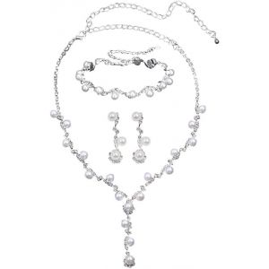 Meimie-Ensemble De Bijoux Demariage En Argent Perle Parure Boucles D'oreilles Collier Bracelet Strass Boucle D'oreillemariée Soirée Fleur Feuille Pendentif Pour Femme Et Fille - Neuf