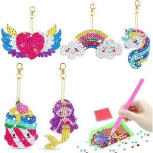 Ayuhr-Licorne 5d Diy Diamant Peinture, Kit De Einture Au Diamant Artisanat Pour Enfants,5 Pièces Portes-Clés Peinture Diamant, Strass Peinture Cadeau Décoration Pour Les Filles De 6-12 Ans - Neuf
