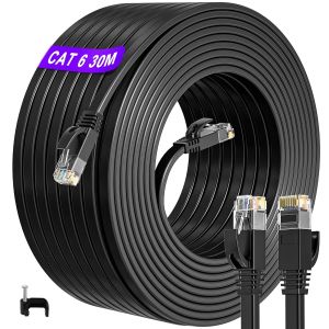 Cable Ethernet 30m Cat 6, Plat Cable RJ45 30m Haute Vitesse Cable Internet Noir, Thin Câble Réseau 30m 1000Mbps 250MHz Imperméable Cable LAN Extérieur Intérieur pour Routeur PS4/5 (30 Clips) - Neuf