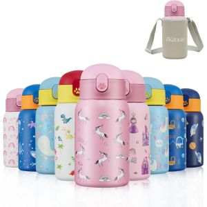 Gjfty-400ml Gourde Isotherme Enfant Avec Paille Bouteille Isotherme Étanche Avec Sac Transport Licorne Gourde Bouteille D'eau En Acier Inoxydable Sans Bpa Pour École Sport Maternelle - Neuf