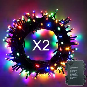 [Lot De 2] Guirlande Lumineuse Pile, 10m 100led Guirlande Lumineuse Multicolore, Avec T&eacute;l&eacute;commande & 8 Programme, Ip44 Lumi&egrave;re &Eacute;tanche Pour Jardin, No&euml;l, Mariage, Anniversaire, F&ecirc;te - Neuf