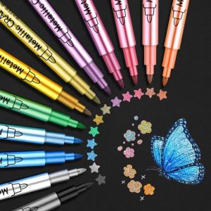 Marqueurs M&eacute;talliques Feutres, 12 Couleurs Feutre Metallique Pour Album Photo Scrapbooking Materiel, Stylo Feutre Pour Porcelaine,La Peinture C&eacute;ramique, Verre, Pierre, D&eacute;coration En Bois - Neuf