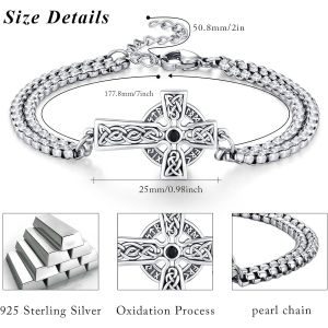 Bracelet Croix Celtique Pour Homme En Argent Sterling 925 Viking Avec Pendentif Croix Celtique 7,5 + 5 Pouces Bijoux Celtiques Pour Femmes,Hommes,Gar&ccedil;ons Et Filles,17.78 Cm,Argent Sterling - Neuf
