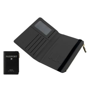 Portefeuille porte-passeport RFID avec fermeture &eacute;clair, cuir PU, design compact, plusieurs emplacements pour cartes, noir - Neuf