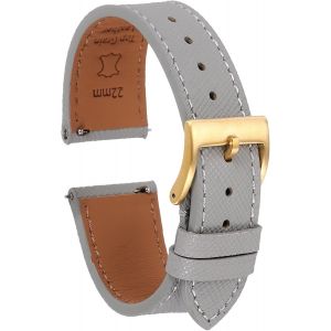 Kal-Bracelet De Monture En Cuir Véritable 22mm À Libération Rapide Avec Boucle En Acier Inoxydable Doré Pour Hommes Femmes, Gris - Neuf