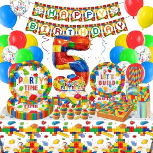 Sjzg-D&eacute;coration D'anniversaire Pour Enfants, 5 Ans De Vaisselle De F&ecirc;te Sur Le Th&egrave;me Des Briques, Avec Nappe, Assiettes En Carton, Gobelets, Serviettes, Pailles, Assiettes En Carton Pour Anniversaire - Neuf