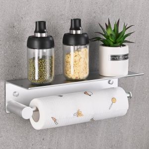 Eryi-Porte Sopalin Mural, Porte Essuie Tout Cuisine Sans Percage Auto-Adhésif, Supports Pour Papier Rouleau Avec Etagère Spacieuse De Rangement, Aluminium Porte-Papier De Cuisine 34cm/13.4in, Argent - Neuf