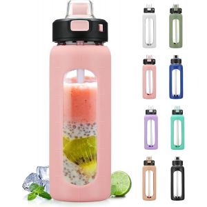 Eryi-700ml Bouteille D'eau En Verre Avec Poignée Et Paille Bouteille D'hydratation Avec Manchon En Silicone Et Marquage Du Temps Gourde De Motivation Pour Gym Sport Extérieur Anti-Fuite, Rose - Neuf