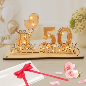 Carte Anniversaire 50 Ans, Décoration d¿anniversaire Cadeau Homme Femme avec Chaîne Lumineuse LED & N?ud Papillon & Papier Cadeau, Panneau en Bois Cadeau Argent Décoration de Table Livre d'or - Neuf