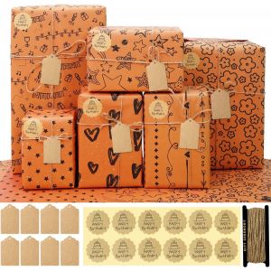 Kit 6 Papier Kraft Cadeau Anniversaire 70x50cm, Avec 12 Autocollant D'anniversaire, 8 Étiquettes Cadeaux Papier Kraft, 1 Rouleau Cordes Jute Pour Emballage Cadeaux D'anniversaire Noël - Neuf