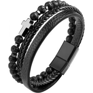 Eryi-Bracelet Homme, Bracelet En Cuir Véritable Pour Hommes, Bracelet Viking Arbre De Vie, Bracelet En Pierre Naturelle Tressée, Avec Fermoir, Noir/Brun (1pcs) - Neuf