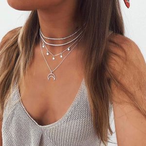 Asas-Collier Ras Du Cou Bohème Multi-Rangs Avec Pendentifs En Forme De Lunes Et D¿Étoiles-Vintage,Argent - Neuf