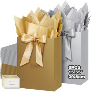Grand Sac Cadeau, 15.55"" Papier Emballage Cadeau Anniversaire, Carré Pochette Cadeau Ggrand Format Enfant 39.5 * 30 * 12cm Avec 1 Cartes 1 Mouchoirs Pour Fête D'anniversaire 8 Pièces G - Neuf