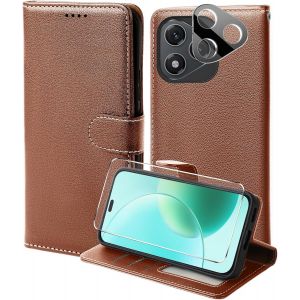 Kal-Coque Pour Honor 400 Lite 5g Avec Verre Trempé Et Caméra Protecteur, Etui Protection Housse Premium En Cuir Pu,[Rfid Blocage] [Emplacements Cartes] Magnétique Flip Wallet Case - Brun - Neuf