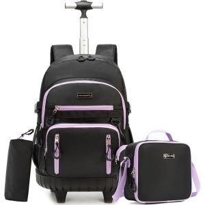 Cartable Fille Primaire Roulette, Cartable Sac Trolley Collège/Lycée Avec Sac Repas Trousse À Crayons Sac À Dos À Roulette Cartable Fille - Neuf