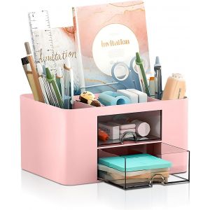 Organiseur de bureau avec 2 tiroirs, rotatif à 360 °, 5 compartiments de tri pour stylos, agrafeuse, notes autocollantes, organiseur de bureau peu encombrant (carré rose) - Neuf