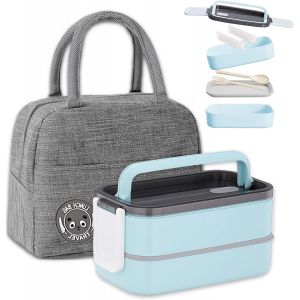 Jexnovashop-Bento Lunch Box Kit,1400 Ml Double Couche Herm&eacute;tique Boite Repas Avec Couverts Et Sac Isotherme, Pour Pique-Nique, Travail, Go&ucirc;ter, Bento Box Pour Micro Ondes(Bleu - Neuf