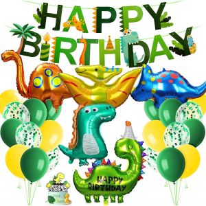 MEVRONISSHOP-Kit D&eacute;corations Anniversaire Dinosaur, Ballons G&eacute;ants en Aluminium Dinosaures avec Happy Birthday Banni&egrave;re, Jungle Vert Th&egrave;me, pour Anniversaire ou Toute F&ecirc;te - Neuf