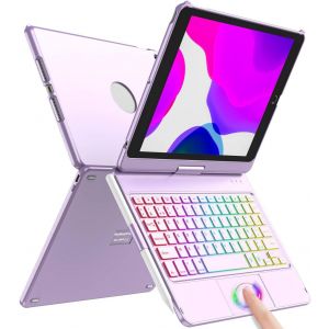 Clavier Coque Pour Ipad 9/8/7Ème Génération 10.2"" 2021/2020/2019, 360° Touchpad Flip Coque Dure Slim Cover, 7 Rétroéclairages, Clavier Bluetooth Avec Mise Veille/Réveil Automatique, Violet - Neuf