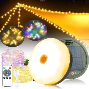 Kal-10m Guirlande Lumineuse Solaire De Camping, Solaire Et Usb Chargement Camping Light Chain Rollable,Blanc Chaud Et Couleur 120leds 13 Modes Ip65 Imperméable,Guirlande Solaire Exterieur Camping Lam - Neuf