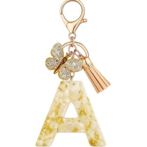 KAL-Porte-Cl&eacute;s Beige Avec Lettre Porte-Cl&eacute;s Fille Initiale Cadeau Femmes Porte-Cl&eacute;s Papillon D&eacute;corer Pour Sac Sac &Agrave; Dos Porte-Clef Gland Or Porte-Clef Femme A-Z - Neuf