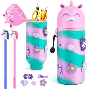 MAA-Trousse Ecole 2 en 1 en Silicone Souple, Trousse à Crayons en Silicone Souple avec 2 Stylos, Fermeture Eclair en Silicone Pochette de Stylo pour Fournitures Scolaires de Grande Capacité, Rose - Neuf