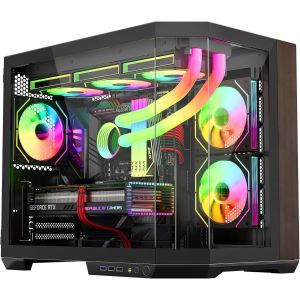 AOUL-Apex Ember Boîtier De Jeu Pc M/Atx Mid Tower, Double Chambre ¿ I/O Avant De Type C, Verre Trempé Avec Accents En Bois Foncé Et 6 Ventilateurs Argb Pwm - Neuf