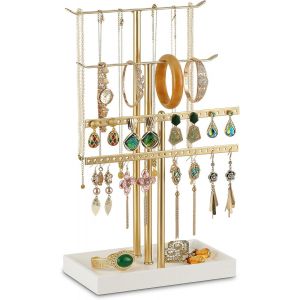 Pr&eacute;sentoir &Agrave; Boucles D'oreilles, Porte-Bijoux, Porte-Bijoux Mobile Et Plateau En Bois &iquest; Organisateur De Boucles D'oreilles Avec Bague Et Cha&icirc;nes &Eacute;tag&egrave;re &Agrave; Bijoux Pour Boucles D'oreilles - Neuf