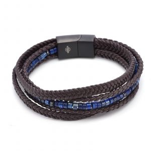 Bracelet Cuir Marron Tress&eacute; Avec Perle De Heishi Lapis Lazuli - Neuf