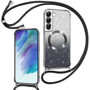 TRAHOO-Couqe Magn&eacute;tique pour Samsung Galaxy S21 FE 5G Con Cordon, Compatible avec MagSafe, Brillant Glitter Paillet&eacute; Antichoc Durable R&eacute;sistante Etui Housse pour Samsung S21 FE Soft Bumper, Noir - Neuf