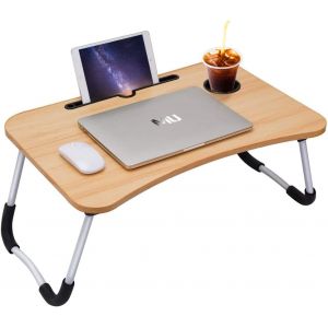 acdsgd-Support Ordinateur Portable, Plateau de lit, Table de lit Pliable avec Porte Gobelet Bureau Petit d&eacute;jeuner r&eacute;glable Tablette 60x40x28cm (Bois) - Neuf