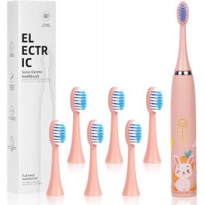 Kalanka-Brosse &Agrave; Dents &Eacute;lectrique Enfants, Rose 4 Modes Nettoyage Brosse &Agrave; Dents Sonique Rechargeable, Ultra-Sileucieux Poils Doux, &Eacute;tanch&eacute;it&eacute; Ipx6 Minuterie De 2 Mins 6 T&ecirc;tes Brosse - Neuf