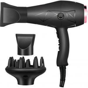 Sèche Cheveux Professionnel, 2400w Hair Dryer Seche Cheveux Ionique Avec Diffuseur Boucle Accessoires, Lumière Bleue, 3 Températures Et 2 Vitesses (Noir) - Neuf