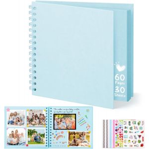 Album Photo Scrapbooking,8-Inch Album Photo Personnalisable,Carr&eacute;e Diy Livre Scrapbooking Avec 5 Autocollants,Livre D'or Anniversaire Photo Pour Mariage Et B&eacute;b&eacute;s,Bleu,60 Pages - Neuf