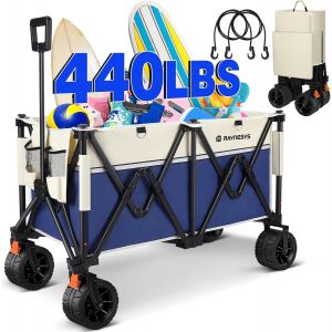 Chariot Pliable, Chariot De Plage Pliable 440lbs Avec Grandes Roues Tout-Terrain, Chariots De Courses Pour L'épicerie Robuste, Pour Plage, Jardin, Camping, Sport, Beige + Bleu - Neuf