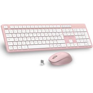 Clavier Souris sans Fil, Ergonomique Ensemble Clavier de Souris Pleine Taille, 2,4 GHz avec Récepteur USB, 12 Boutons Programables pour PC, Portable, Windows, Mac AZERTY Français-Blanc - Neuf