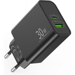 30W 2-Port Rapide Chargeur Pour Samsung Galaxy S25 S24 S23 S22 S21 Ultra Fe 5G S20 A55 A54 A53, Note 20 10, Tab S9 S8, Huawei Xiaomi, Usb-C Usb-A Prise Adaptateur 25W Type C Super Charger Bloc - Neuf