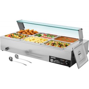 NouvelHorizonstore-Chauffe-Plat &Eacute;lectrique &agrave; Vapeur 1500 W, Buffet Chauffant en INOX, Bain-Marie avec 6 Bacs de 1/2, Couvercle en Verre et Louches &agrave; Soupe et Perfor&eacute;es, pour Servir Buffet en Libre-Se - Neuf