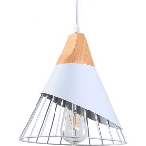 Subzonal-Lustre Lampe M&eacute;tal Lustre Blanc,Vintage Suspension Luminaire,Bois Plafonnier Industriel M&eacute;tal Blanc Lampes Suspendues Abat-Jour Forme De C&ocirc;ne Fer Cage &Eacute;clairage Pour Salle &Agrave; Manger Cuisine,C - Neuf
