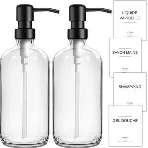 KAL-Lot De 2 Distributeurs De Savon En Verre Transparent, Distributeur De Liquide Vaisselle Rechargeable, Distributeur De Gel Douche, Distributeur Shampoing, Accessoire Salle De Bain (Transparent) - Neuf