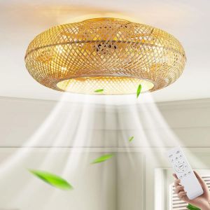Ventilateur De Plafond Avec Éclairage Et Télécommande, Plafonnier Rétro Silencieux E27 En Bambou Avec Ventilateur,Ventilateurs De Plafond À Moteur Réversible À 6 Vitesses Pour Salo[VEN751127] - Neuf