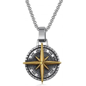 Trahoo-Collier Homme Avec Pendentif Boussole Navigation En Acier Inoxydable Vintage Collier Pendentif Compass Avec Étoile Huit Boussole Pour Garçon Homme Collier Viking Antique Cadeau Pour Lui Papa - Neuf