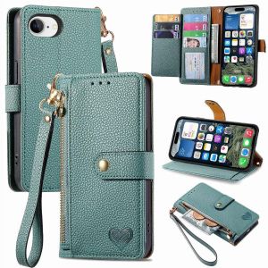 SATURCASE Coque pour Apple iPhone 16e 2025, Heart PU Cuir Flip Portefeuille Poche Double Boucle Magnétique Fermeture éclair Support Porte-carte Cordon Protecteur Housse Étui pour Apple iPhone 16e 2025 (AX-Green) - Neuf
