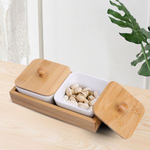 Hjlian Assiette De Service En Ceramique Avec Couvercle En Bambou Pour Fruits, Noix Et Desserts (2 Compartiments) - Neuf