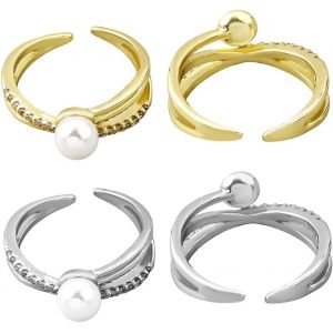 Kal-Lot De 4 Bagues De Perles Empilables - Anneaux Ouverts Réglables Pour Femme - En Métal - Avec Perle Synthétique De 6 Mm - Or Clair Et Platine - Pour Les Fêtes - Perles De 0,24 (6) Cm - Neuf