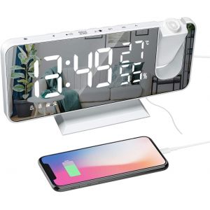 R&eacute;veil de Projection avec Chargeur USB R&eacute;veil de Projecteur Rotatif &agrave; 180 &deg; avec Radio FM &Eacute;cran Miroir 7,4 '' 2 Sons 4 Gradateurs Blanc - Neuf