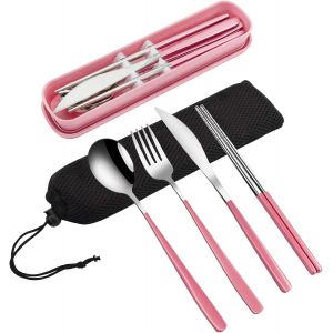 Lot De 4 Ustensiles De Voyage Portables Avec Étui En Acier Inoxydable 18/8 S Avec Fourchette,Cuillère,Couteau,Baguettes,Pour Déjeuner,Voyage,Camping,École,Travail, - Neuf